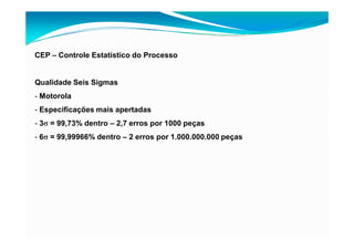 CEP – Controle Estatístico do Processo
Qualidade Seis Sigmas
- Motorola
- Especificações mais apertadas
- 3σ = 99,73% dentro – 2,7 erros por 1000 peças
- 6σ = 99,99966% dentro – 2 erros por 1.000.000.000 peças
 