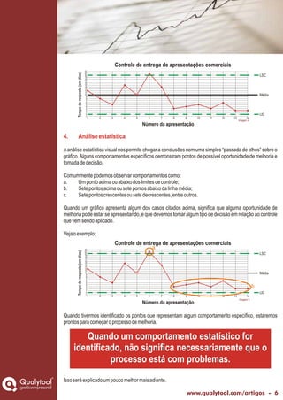 4. Análiseestatística
Aanálise estatística visual nos permite chegar a conclusões com uma simples “passada de olhos” sobre o
gráfico.Alguns comportamentos específicos demonstram pontos de possível oportunidade de melhoria e
tomadadedecisão.
Comummentepodemosobservarcomportamentoscomo:
a. Umpontoacimaouabaixodoslimitesdecontrole;
b. Setepontosacimaousetepontosabaixodalinhamédia;
c. Setepontoscrescentesousetedecrescentes,entreoutros.
Quando um gráfico apresenta algum dos casos citados acima, significa que alguma oportunidade de
melhoria pode estar se apresentando, e que devemos tomar algum tipo de decisão em relação ao controle
quevemsendoaplicado.
Vejaoexemplo:
gestãoempresarial
www.qualytool.com/artigos - 6
1 2 3 4 5 6 7 8 9 10 11 12 13 14
22
21
20
19
18
17
16
15
14
13
12
11
10
9
8
7
6
5
4
3
2
1
0
-1
Tempoderesposta(emdias)
Número da apresentação
LSC
LIC
Média
Controle de entrega de apresentações comerciais
1 2 3 4 5 6 7 8 9 10 11 12 13 14
22
21
20
19
18
17
16
15
14
13
12
11
10
9
8
7
6
5
4
3
2
1
0
-1
Tempoderesposta(emdias)
Número da apresentação
LSC
LIC
Média
Controle de entrega de apresentações comerciais
a
b
Quando tivermos identificado os pontos que representam algum comportamento específico, estaremos
prontosparacomeçaroprocessodemelhoria.
Issoseráexplicadoumpoucomelhormaisadiante.
Quando um comportamento estatístico for
identificado, não significa necessariamente que o
processo está com problemas.
Imagem 5
Imagem 4
 