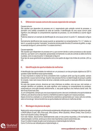 gestãoempresarial
www.qualytool.com/artigos - 7
5. Diferenciarcausascomunsdecausasespeciaisdevariação
6. Identificaçãodeoportunidadesdemelhorias
7. Montagemdeplanosdeação
Causascomuns:
São aquelas que dependem do processo em si, responsáveis pela variação normal do processo, e
permitem uma análise consistente da carta de controle. A identificação de uma causa comum pode
significar uma alteração no comportamento esperado do processo, ou uma tendência a ocorrer algum
problema.
Podemos observar um exemplo da identificação de uma causa comum no ponto “b”, destacado na figura
5.
Normalmente identificamos tais causas quando se apresentam os comportamentos “b” e “c” citados no
item4,ouquandoospontos“marcados”nacartadecontroleestãoforados2/3centraisdográfico,ouseja,
noexemplodafigura5,acimadalinha17ouabaixodalinha3.
Causasespeciais:
São aquelas que independem do processo em si, que ocorrem devido a outros processos ou são causas
externas, que fazem com a dispersão apresentada normalmente na carta de controle se altere de forma
inusitada,comonocasodoponto“a”destacadonafigura5.
Esse tipo de causa geralmente se apresenta como uma quebra de algum dos limites de controle, LSC ou
LIC.
A identificação das oportunidades de melhoria em um processo é um dos principais objetivos do CEP. A
questãoésaberidentificaressasoportunidades.
O mais importante é analisar de forma consistente todo e qualquer ponto que fuja do padrão, sempre
descobrindo a causa real de tal fuga. Quanto mais precisos formos na determinação do porquê o padrão
foi rompido, maior será nossa chance de tomar a decisão correta quanto à resolução efetiva da variação
indesejada.
No caso das causas comuns, devemos ser mais criteriosos na análise, uma vez que, nem sempre, a
variação identifica um problema, ela pode significar uma mudança no comportamento do processo,
ocasionada por uma ação tomada anteriormente, e, isso pode significar uma melhoria dando certo. No
item8issoficarámaisclaro.
Já,emcontrapartida,semprequeumacausaespecialocorrer,deveserconsideradaumaoportunidadede
melhoria,poisdevemosevitaraomáximoainterferênciaexternanegativaemnossosprocessos.
Depois de termos analisado os comportamentos estatísticos apresentados por nossa carta de controle,
estánahoradeagir.Vamostransformarasoportunidadesdemelhoriaemmelhoriasdefato.
Neste ponto vamos empregar uma ferramenta amplamente utilizada para a montagem de planos de ação,
o 5W2H [What (O quê), Why (Para quê), Who (Quem), When (Quando), Where (Onde), How (Como) e
Howmuch(Quantocusta)],videfigura6.
Com este método, descrevemos detalhadamente cada um dos pontos requeridos, a fim de facilitar sua
implementaçãoecontrole,sendoqueositensmaisimportantesaserempreenchidossão:
Oque:Éadeterminaçãodaaçãoasertomadaparaaimplementaçãodamelhoria;
Como:Éaformaaserutilizadaparaaimplementação,e;
 
