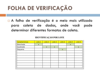 FOLHA DE VERIFICAÇÃO


A folha de verificação é o meio mais utilizado
para coleta de dados, onde você pode
determinar diferentes formatos de coleta.

 