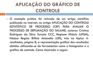 APLICAÇÃO DO GRÁFICO DE
CONTROLE


O exemplo prático foi retirado de um artigo científico
publicado na internet, no artigo APLICAÇÃO DO CONTROLE
ESTATÍSTICO DE PROCESSO (CEP) PARA AVALIAR O
PROCESSO DE DEFUMAÇÃO DO SALAME, autores: Cristina
Rodrigues da Silva Turcato CCC, Regiane Klidzio (UFSM),
Nádya Regina Bilibio Antonello (URI), trás no tópico 4resultados, página 8, a representação gráfica dos resultados
obtidos utilizando-se de ferramentas como o histograma e o
gráfico de controle. Como mostrado a seguir:

 