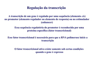 Regulação da transcrição
A transcrição de um gene é regulada por uma sequência (elemento cis)
no promotor (elemento regulador ou elemento de resposta) ou no estimulador
(enhancer)
Essa sequência regulatória do promotor é reconhecida por uma
proteína específica (fator transcricional)
Esse fator transcricional é necessário para que a RNA polimerase inicie a
transcrição
O fator transcricional ativo existe somente sob certas condições
quando o gene é expresso
 