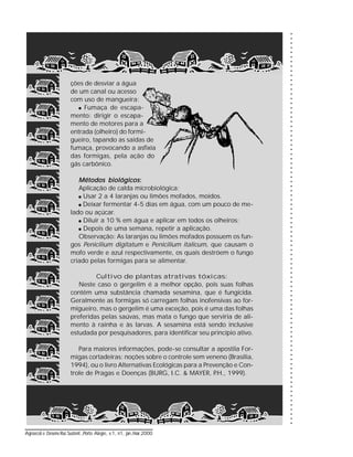 60
Agroecol.e Desenv.Rur.Sustent.,Porto Alegre, v.1, n1, jan./mar.2000
○○○○○○○○○○○○○○○○○○○○○○○○○○○○○○○○○○○○○○○○○○○○○○○○○○○○○○○○○○○○○○○○○○○○○○○○○○○○○○○○○○○○○○
ções de desviar a água
de um canal ou acesso
com uso de mangueira;
Fumaça de escapa-
mento: dirigir o escapa-
mento de motores para a
entrada (olheiro) do formi-
gueiro, tapando as saídas de
fumaça, provocando a asfixia
das formigas, pela ação do
gás carbônico.
Métodos biológicosMétodos biológicosMétodos biológicosMétodos biológicosMétodos biológicos:::::
Aplicação de calda microbiológica:
Usar 2 a 4 laranjas ou limões mofados, moídos.
Deixar fermentar 4-5 dias em água, com um pouco de me-
lado ou açúcar.
Diluir a 10 % em água e aplicar em todos os olheiros;
Depois de uma semana, repetir a aplicação.
Observação: As laranjas ou limões mofados possuem os fun-
gos Penicilium digitatum e Penicilium italicum, que causam o
mofo verde e azul respectivamente, os quais destróem o fungo
criado pelas formigas para se alimentar.
Cultivo de plantas atrativas tóxicas:
Neste caso o gergelim é a melhor opção, pois suas folhas
contêm uma substância chamada sesamina, que é fungicida.
Geralmente as formigas só carregam folhas inofensivas ao for-
migueiro, mas o gergelim é uma exceção, pois é uma das folhas
preferidas pelas saúvas, mas mata o fungo que serviria de ali-
mento à rainha e às larvas. A sesamina está sendo inclusive
estudada por pesquisadores, para identificar seu princípio ativo.
Para maiores informações, pode-se consultar a apostila For-
migas cortadeiras: noções sobre o controle sem veneno (Brasília,
1994), ou o livro Alternativas Ecológicas para a Prevenção e Con-
trole de Pragas e Doenças (BURG, I.C. & MAYER, P.H., 1999).
 