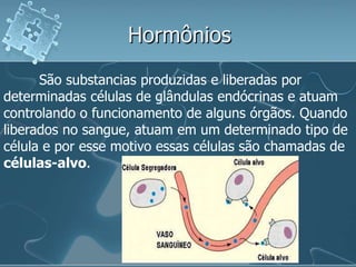 Hormônios
      São substancias produzidas e liberadas por
determinadas células de glândulas endócrinas e atuam
controlando o funcionamento de alguns órgãos. Quando
liberados no sangue, atuam em um determinado tipo de
célula e por esse motivo essas células são chamadas de
células-alvo.
 