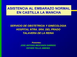 ASISTENCIA AL EMBARAZO NORMAL
     EN CASTILLA LA MANCHA


 SERVICIO DE OBSTETRICIA Y GINECOLOGIA
    HOSPITAL NTRA. SRA. DEL PRADO
         TALAVERA DE LA REINA


                Ponentes:
       JOSE ANTONIO MESTANZA GARRIDO
            ESTHER TELLO JIMENEZ
 