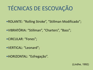 TÉCNICAS DE ESCOVAÇÃO
•ROLANTE: “Rolling Stroke”, “Stillman Modificado”;
•VIBRATÓRIA: “Stillman”, “Charters”, “Bass”;
•CIRCULAR: “Fones”;
•VERTICAL: “Leonard”;
•HORIZONTAL: “Esfregação”.
(Lindhe, 1992)
 