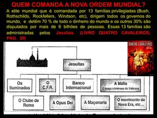 QUEM COMANDA A NOVA ORDEM MUNDIAL?
A elite mundial que é comandada por 13 famílias privilegiadas (Bush,
Rothschilds, Rockfellers, Windson, etc), dirigem todos os governos do
mundo, e detêm 70 % de todo o dinheiro do mundo e os outros 30% são
disputados por mais de 6 bilhões de pessoas. Essas 13 famílias são
administradas pelos Jesuítas (LIVRO QUATRO CAVALEIROS,
PÁG. 30)
ex-jesuíta Alberto Rivera).
 