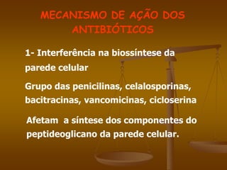 MECANISMO DE AÇÃO DOS
ANTIBIÓTICOS
1- Interferência na biossíntese da
parede celular
Grupo das penicilinas, celalosporinas,
bacitracinas, vancomicinas, cicloserina
Afetam a síntese dos componentes do
peptideoglicano da parede celular.
 