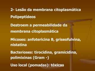 2- Lesão da membrana citoplasmática
Polipeptídeos
Destroem a permeabilidade da
membrana citoplasmática
Micoses: anfotericina B, griseofulvina,
nistatina
Bacterioses: tirocidina, gramicidina,
polimixinas (Gram -)
Uso local (pomadas): tóxicas
 