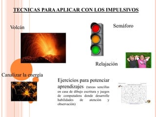 TECNICAS PARA APLICAR CON LOS IMPULSIVOS


    Volcán                                                    Semáforo




                                                 Relajación

Canalizar la energía
                       Ejercicios para potenciar
                       aprendizajes (tareas sencillas
                       en casa de dibujo escritura y juegos
                       de computadora donde desarrolle
                       habilidades    de     atención     y
                       observación)
 