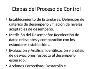 Etapas del Proceso de Control
• Establecimiento de Estándares: Definición de
criterios de desempeño y fijación de niveles
aceptables de desempeño.
• Medición del Desempeño: Recolección de
datos relevantes y comparación con los
estándares establecidos.
• Evaluación y Análisis: Identificación y análisis
de desviaciones respecto al desempeño
esperado.
• Acciones Correctivas: Desarrollo e
 