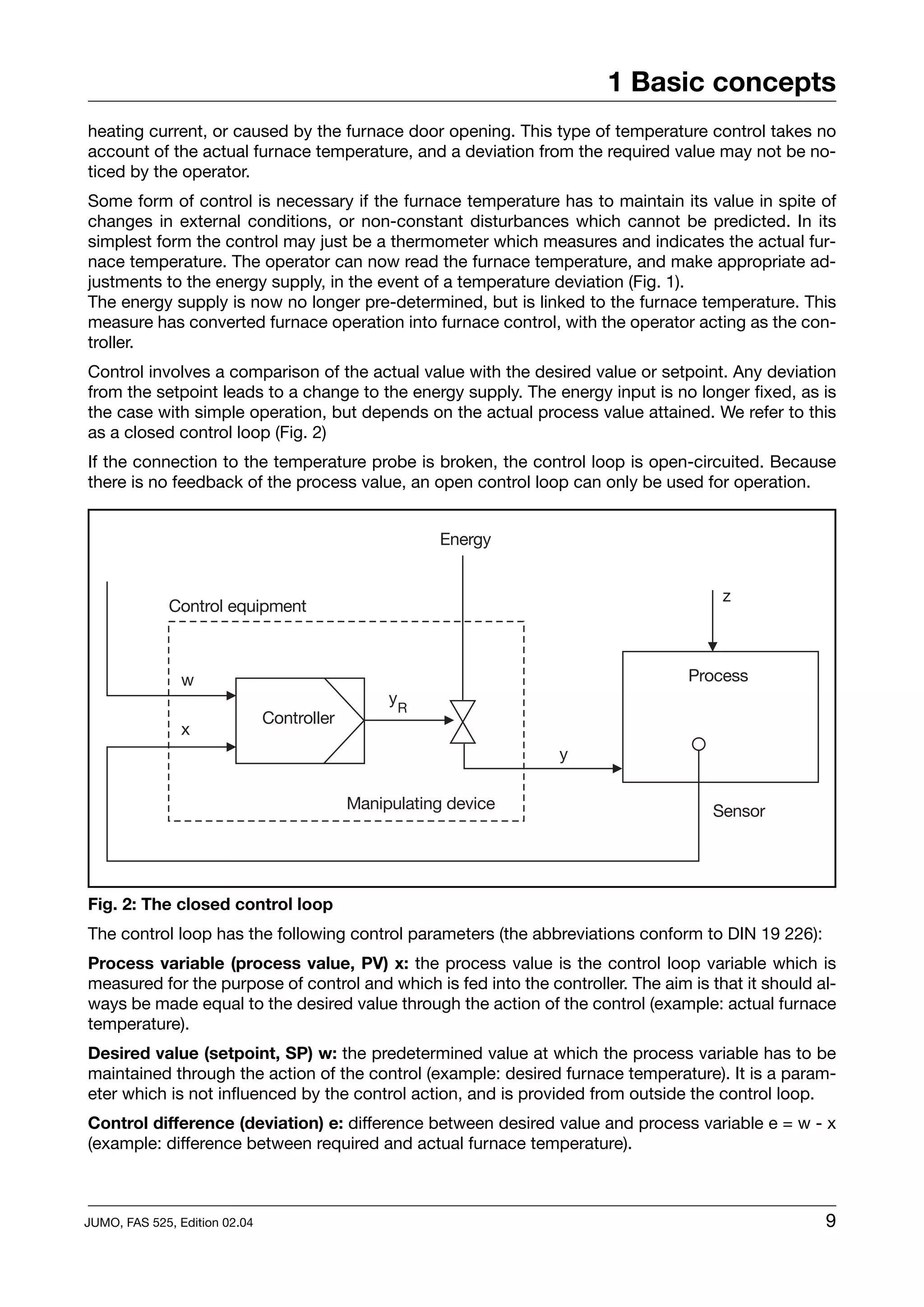 1 Basic concepts
heating current, or caused by the furnace door opening. This type of temperature control takes no
account of the actual furnace temperature, and a deviation from the required value may not be no-
ticed by the operator.
Some form of control is necessary if the furnace temperature has to maintain its value in spite of
changes in external conditions, or non-constant disturbances which cannot be predicted. In its
simplest form the control may just be a thermometer which measures and indicates the actual fur-
nace temperature. The operator can now read the furnace temperature, and make appropriate ad-
justments to the energy supply, in the event of a temperature deviation (Fig. 1).
The energy supply is now no longer pre-determined, but is linked to the furnace temperature. This
measure has converted furnace operation into furnace control, with the operator acting as the con-
troller.
Control involves a comparison of the actual value with the desired value or setpoint. Any deviation
from the setpoint leads to a change to the energy supply. The energy input is no longer fixed, as is
the case with simple operation, but depends on the actual process value attained. We refer to this
as a closed control loop (Fig. 2)
If the connection to the temperature probe is broken, the control loop is open-circuited. Because
there is no feedback of the process value, an open control loop can only be used for operation.




Fig. 2: The closed control loop
The control loop has the following control parameters (the abbreviations conform to DIN 19 226):
Process variable (process value, PV) x: the process value is the control loop variable which is
measured for the purpose of control and which is fed into the controller. The aim is that it should al-
ways be made equal to the desired value through the action of the control (example: actual furnace
temperature).
Desired value (setpoint, SP) w: the predetermined value at which the process variable has to be
maintained through the action of the control (example: desired furnace temperature). It is a param-
eter which is not influenced by the control action, and is provided from outside the control loop.
Control difference (deviation) e: difference between desired value and process variable e = w - x
(example: difference between required and actual furnace temperature).



JUMO, FAS 525, Edition 02.04                                                                         9
 