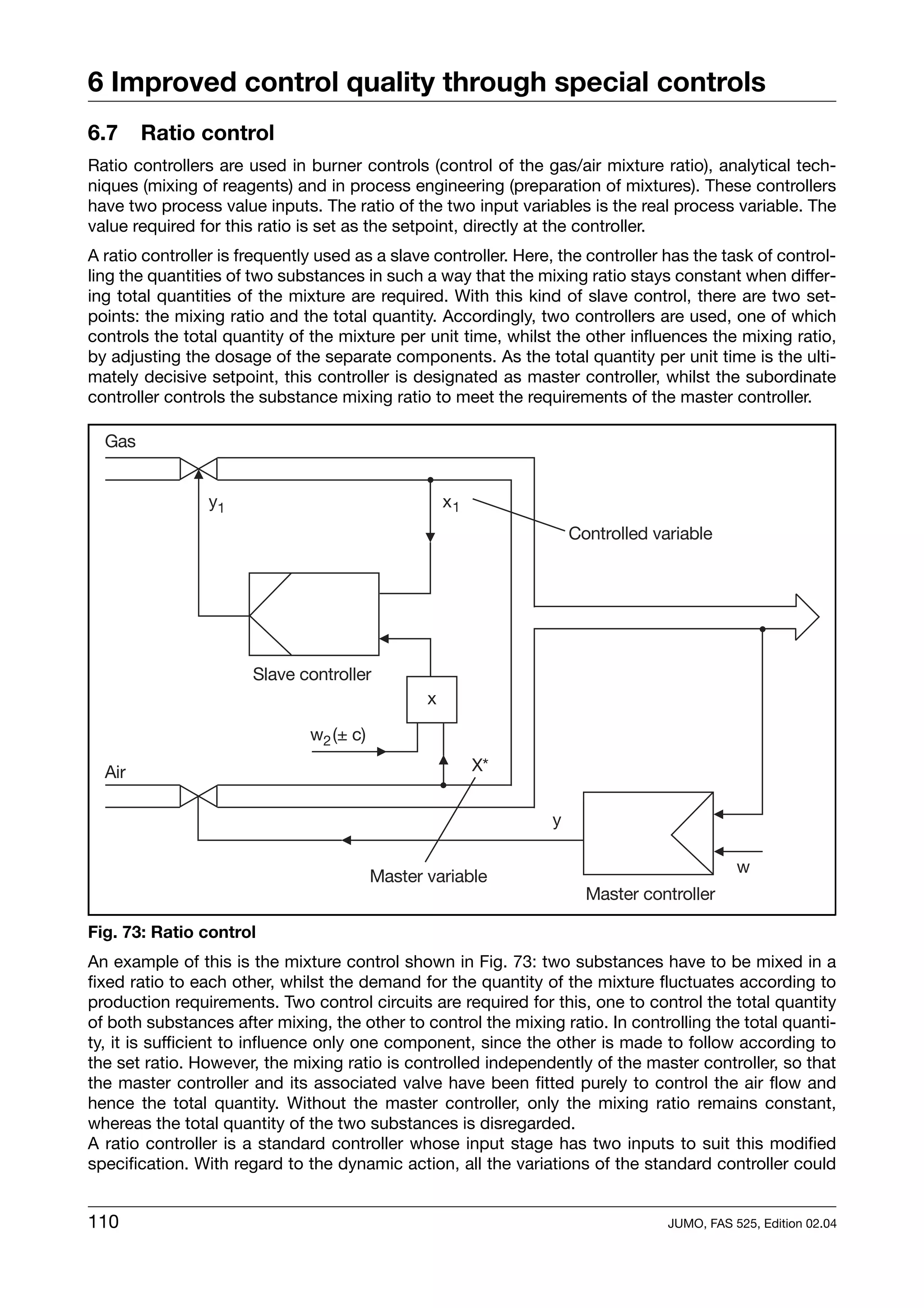 6 Improved control quality through special controls
6.7    Ratio control
Ratio controllers are used in burner controls (control of the gas/air mixture ratio), analytical tech-
niques (mixing of reagents) and in process engineering (preparation of mixtures). These controllers
have two process value inputs. The ratio of the two input variables is the real process variable. The
value required for this ratio is set as the setpoint, directly at the controller.
A ratio controller is frequently used as a slave controller. Here, the controller has the task of control-
ling the quantities of two substances in such a way that the mixing ratio stays constant when differ-
ing total quantities of the mixture are required. With this kind of slave control, there are two set-
points: the mixing ratio and the total quantity. Accordingly, two controllers are used, one of which
controls the total quantity of the mixture per unit time, whilst the other influences the mixing ratio,
by adjusting the dosage of the separate components. As the total quantity per unit time is the ulti-
mately decisive setpoint, this controller is designated as master controller, whilst the subordinate
controller controls the substance mixing ratio to meet the requirements of the master controller.




Fig. 73: Ratio control
An example of this is the mixture control shown in Fig. 73: two substances have to be mixed in a
fixed ratio to each other, whilst the demand for the quantity of the mixture fluctuates according to
production requirements. Two control circuits are required for this, one to control the total quantity
of both substances after mixing, the other to control the mixing ratio. In controlling the total quanti-
ty, it is sufficient to influence only one component, since the other is made to follow according to
the set ratio. However, the mixing ratio is controlled independently of the master controller, so that
the master controller and its associated valve have been fitted purely to control the air flow and
hence the total quantity. Without the master controller, only the mixing ratio remains constant,
whereas the total quantity of the two substances is disregarded.
A ratio controller is a standard controller whose input stage has two inputs to suit this modified
specification. With regard to the dynamic action, all the variations of the standard controller could


110                                                                               JUMO, FAS 525, Edition 02.04
 