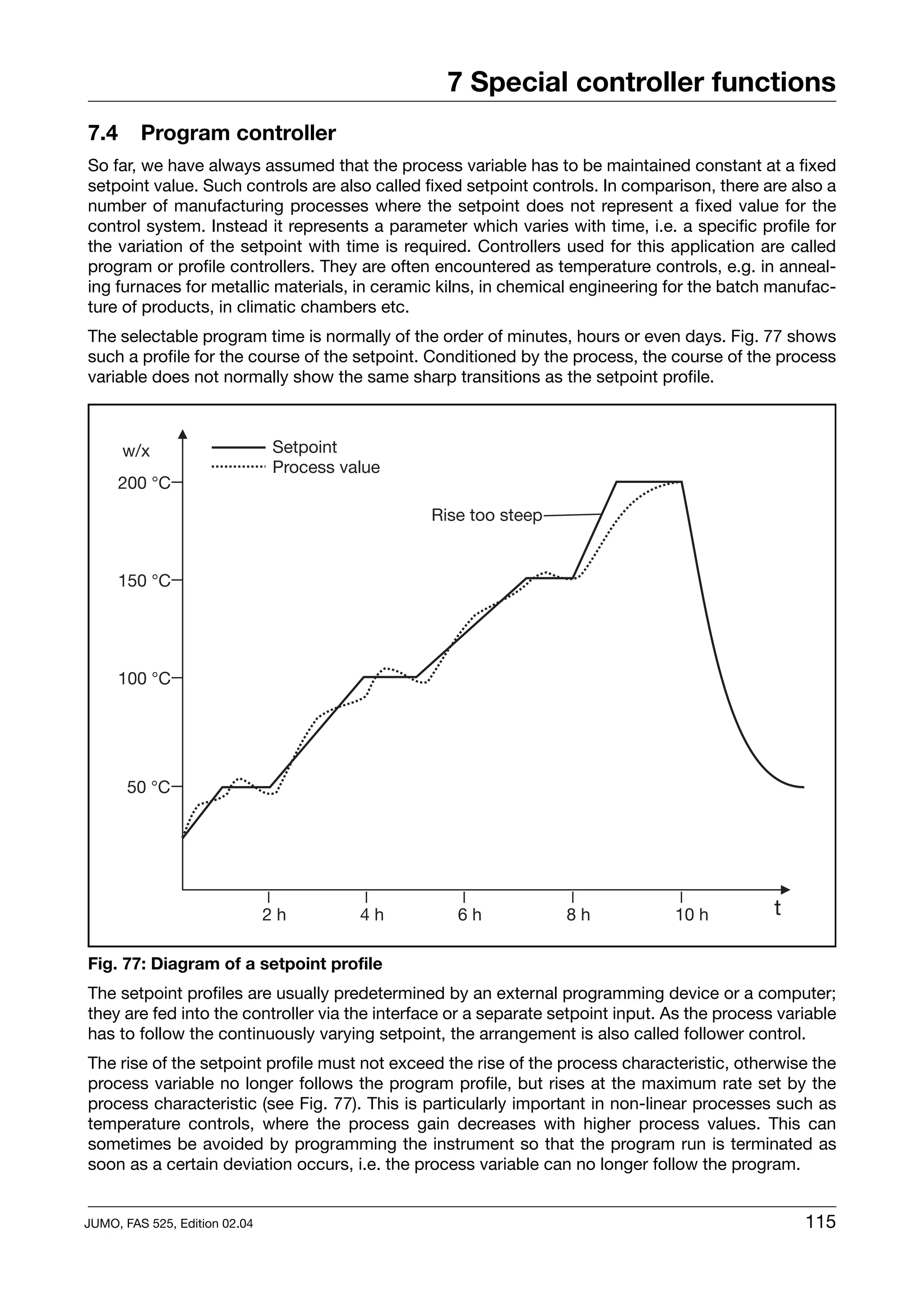 7 Special controller functions
7.4      Program controller
So far, we have always assumed that the process variable has to be maintained constant at a fixed
setpoint value. Such controls are also called fixed setpoint controls. In comparison, there are also a
number of manufacturing processes where the setpoint does not represent a fixed value for the
control system. Instead it represents a parameter which varies with time, i.e. a specific profile for
the variation of the setpoint with time is required. Controllers used for this application are called
program or profile controllers. They are often encountered as temperature controls, e.g. in anneal-
ing furnaces for metallic materials, in ceramic kilns, in chemical engineering for the batch manufac-
ture of products, in climatic chambers etc.
The selectable program time is normally of the order of minutes, hours or even days. Fig. 77 shows
such a profile for the course of the setpoint. Conditioned by the process, the course of the process
variable does not normally show the same sharp transitions as the setpoint profile.



      w/x                      Setpoint
                               Process value
     200 °C
                                               Rise too steep


     150 °C




     100 °C




       50 °C




                               2h        4h        6h             8h             10 h          t

Fig. 77: Diagram of a setpoint profile
The setpoint profiles are usually predetermined by an external programming device or a computer;
they are fed into the controller via the interface or a separate setpoint input. As the process variable
has to follow the continuously varying setpoint, the arrangement is also called follower control.
The rise of the setpoint profile must not exceed the rise of the process characteristic, otherwise the
process variable no longer follows the program profile, but rises at the maximum rate set by the
process characteristic (see Fig. 77). This is particularly important in non-linear processes such as
temperature controls, where the process gain decreases with higher process values. This can
sometimes be avoided by programming the instrument so that the program run is terminated as
soon as a certain deviation occurs, i.e. the process variable can no longer follow the program.


JUMO, FAS 525, Edition 02.04                                                                       115
 