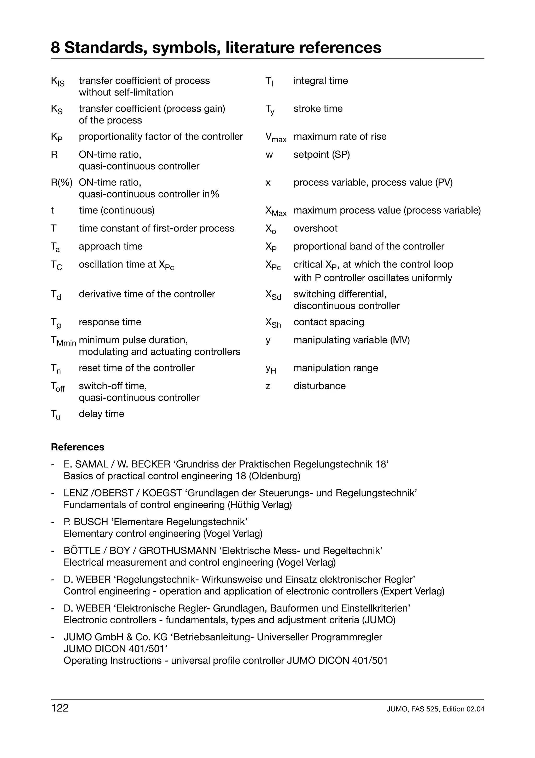 8 Standards, symbols, literature references
KIS    transfer coefficient of process            TI    integral time
       without self-limitation
KS     transfer coefficient (process gain)        Ty    stroke time
       of the process
KP     proportionality factor of the controller   Vmax maximum rate of rise
R      ON-time ratio,                             w     setpoint (SP)
       quasi-continuous controller
R(%) ON-time ratio,                               x     process variable, process value (PV)
     quasi-continuous controller in%
t      time (continuous)                          XMax maximum process value (process variable)
T      time constant of first-order process       Xo    overshoot
Ta     approach time                              XP    proportional band of the controller
TC     oscillation time at XPc                    XPc   critical XP , at which the control loop
                                                        with P controller oscillates uniformly
Td     derivative time of the controller          XSd   switching differential,
                                                        discontinuous controller
Tg     response time                              XSh   contact spacing
TMmin minimum pulse duration,                     y     manipulating variable (MV)
      modulating and actuating controllers
Tn     reset time of the controller               yH    manipulation range
Toff   switch-off time,                           z     disturbance
       quasi-continuous controller
Tu     delay time


References
- E. SAMAL / W. BECKER ‘Grundriss der Praktischen Regelungstechnik 18’
  Basics of practical control engineering 18 (Oldenburg)
- LENZ /OBERST / KOEGST ‘Grundlagen der Steuerungs- und Regelungstechnik’
  Fundamentals of control engineering (Hüthig Verlag)
- P. BUSCH ‘Elementare Regelungstechnik’
  Elementary control engineering (Vogel Verlag)
- BÖTTLE / BOY / GROTHUSMANN ‘Elektrische Mess- und Regeltechnik’
  Electrical measurement and control engineering (Vogel Verlag)
- D. WEBER ‘Regelungstechnik- Wirkunsweise und Einsatz elektronischer Regler’
  Control engineering - operation and application of electronic controllers (Expert Verlag)
- D. WEBER ‘Elektronische Regler- Grundlagen, Bauformen und Einstellkriterien’
  Electronic controllers - fundamentals, types and adjustment criteria (JUMO)
- JUMO GmbH & Co. KG ‘Betriebsanleitung- Universeller Programmregler
  JUMO DICON 401/501’
  Operating Instructions - universal profile controller JUMO DICON 401/501



122                                                                           JUMO, FAS 525, Edition 02.04
 
