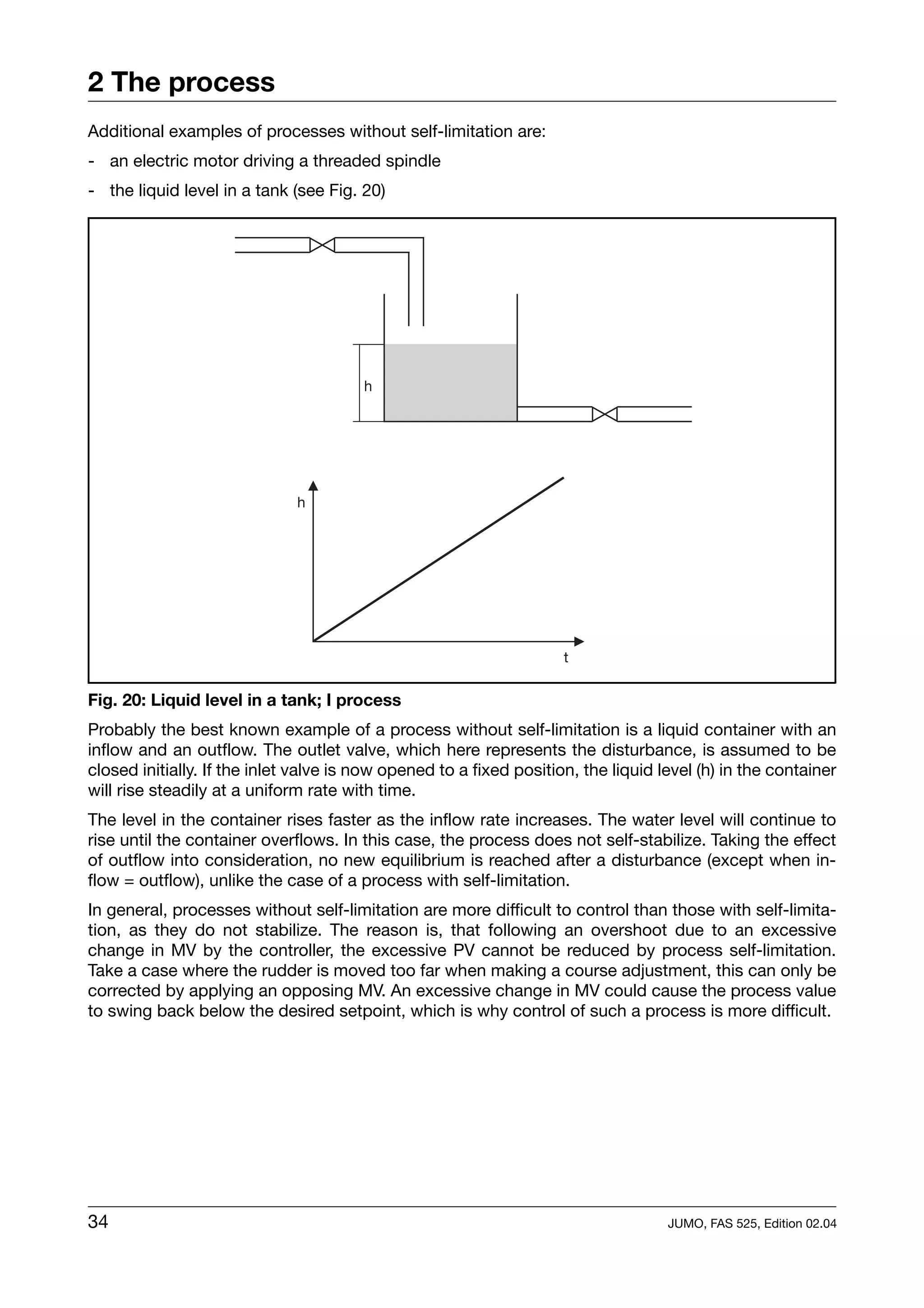 2 The process
Additional examples of processes without self-limitation are:
- an electric motor driving a threaded spindle
- the liquid level in a tank (see Fig. 20)




Fig. 20: Liquid level in a tank; I process
Probably the best known example of a process without self-limitation is a liquid container with an
inflow and an outflow. The outlet valve, which here represents the disturbance, is assumed to be
closed initially. If the inlet valve is now opened to a fixed position, the liquid level (h) in the container
will rise steadily at a uniform rate with time.
The level in the container rises faster as the inflow rate increases. The water level will continue to
rise until the container overflows. In this case, the process does not self-stabilize. Taking the effect
of outflow into consideration, no new equilibrium is reached after a disturbance (except when in-
flow = outflow), unlike the case of a process with self-limitation.
In general, processes without self-limitation are more difficult to control than those with self-limita-
tion, as they do not stabilize. The reason is, that following an overshoot due to an excessive
change in MV by the controller, the excessive PV cannot be reduced by process self-limitation.
Take a case where the rudder is moved too far when making a course adjustment, this can only be
corrected by applying an opposing MV. An excessive change in MV could cause the process value
to swing back below the desired setpoint, which is why control of such a process is more difficult.




34                                                                                  JUMO, FAS 525, Edition 02.04
 