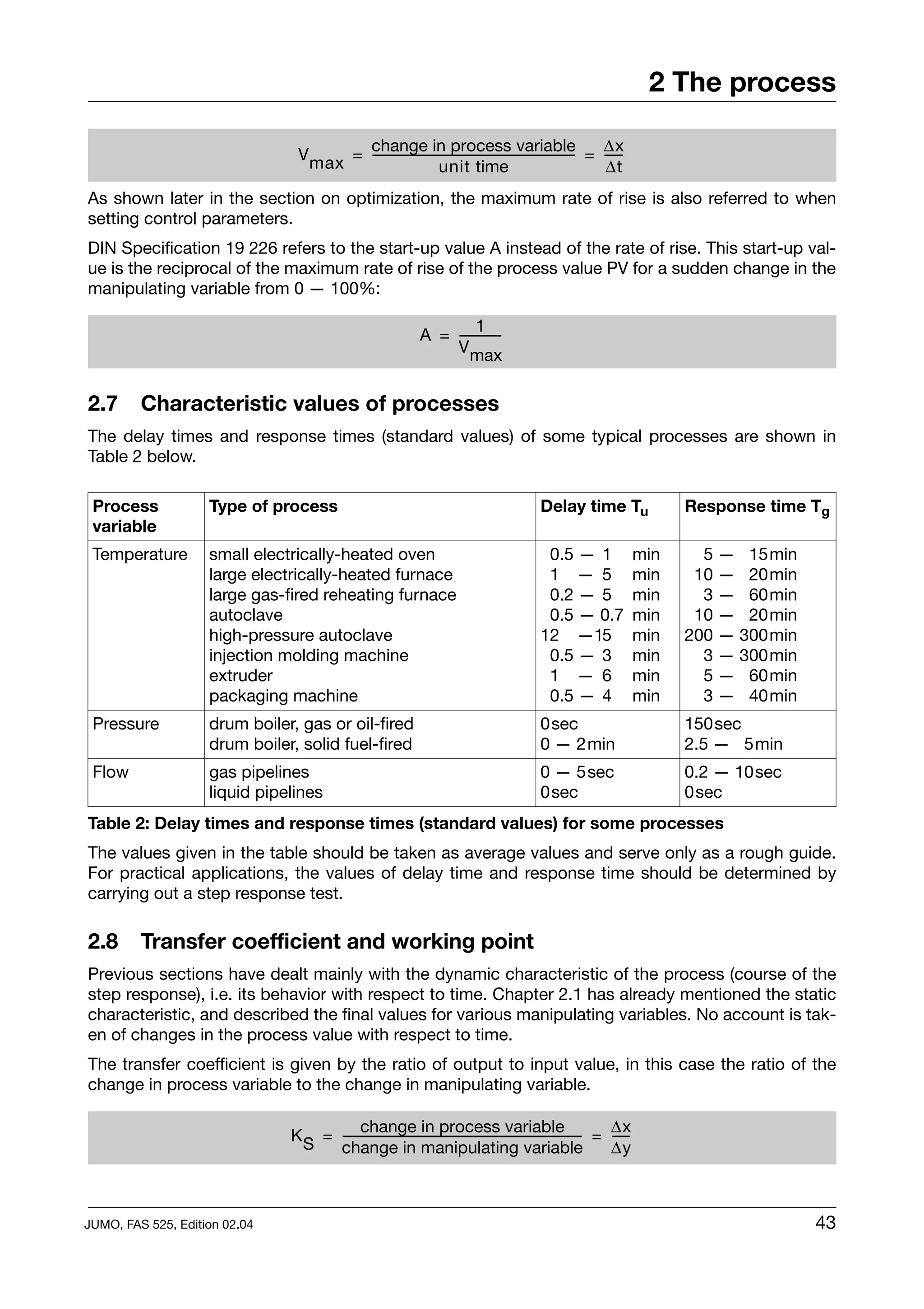 2 The process

                                        change in process variable                                     ∆x
                                V max = ------------------------------------------------------------ = -----
                                                                                                   -       -
                                                            unit time                                   ∆t
As shown later in the section on optimization, the maximum rate of rise is also referred to when
setting control parameters.
DIN Specification 19 226 refers to the start-up value A instead of the rate of rise. This start-up val-
ue is the reciprocal of the maximum rate of rise of the process value PV for a sudden change in the
manipulating variable from 0 — 100%:

                                                                        1
                                                               A = ------------
                                                                              -
                                                                   V max


2.7      Characteristic values of processes
The delay times and response times (standard values) of some typical processes are shown in
Table 2 below.

 Process            Type of process                                                          Delay time Tu                   Response time Tg
 variable
 Temperature        small electrically-heated oven                                            0.5 — 1                  min     5 — 15min
                    large electrically-heated furnace                                         1 — 5                    min    10 — 20min
                    large gas-fired reheating furnace                                         0.2 — 5                  min     3 — 60min
                    autoclave                                                                 0.5 — 0.7                min    10 — 20min
                    high-pressure autoclave                                                  12 —15                    min   200 — 300min
                    injection molding machine                                                 0.5 — 3                  min     3 — 300min
                    extruder                                                                  1 — 6                    min     5 — 60min
                    packaging machine                                                         0.5 — 4                  min     3 — 40min
 Pressure           drum boiler, gas or oil-fired                                            0sec                            150sec
                    drum boiler, solid fuel-fired                                            0 — 2min                        2.5 — 5min
 Flow               gas pipelines                                                            0 — 5sec                        0.2 — 10sec
                    liquid pipelines                                                         0sec                            0sec
Table 2: Delay times and response times (standard values) for some processes
The values given in the table should be taken as average values and serve only as a rough guide.
For practical applications, the values of delay time and response time should be determined by
carrying out a step response test.

2.8      Transfer coefficient and working point
Previous sections have dealt mainly with the dynamic characteristic of the process (course of the
step response), i.e. its behavior with respect to time. Chapter 2.1 has already mentioned the static
characteristic, and described the final values for various manipulating variables. No account is tak-
en of changes in the process value with respect to time.
The transfer coefficient is given by the ratio of output to input value, in this case the ratio of the
change in process variable to the change in manipulating variable.

                                           change in process variable                                          ∆x
                               K S = ----------------------------------------------------------------------- = -----
                                                                                                           -       -
                                     change in manipulating variable                                           ∆y



JUMO, FAS 525, Edition 02.04                                                                                                                43
 