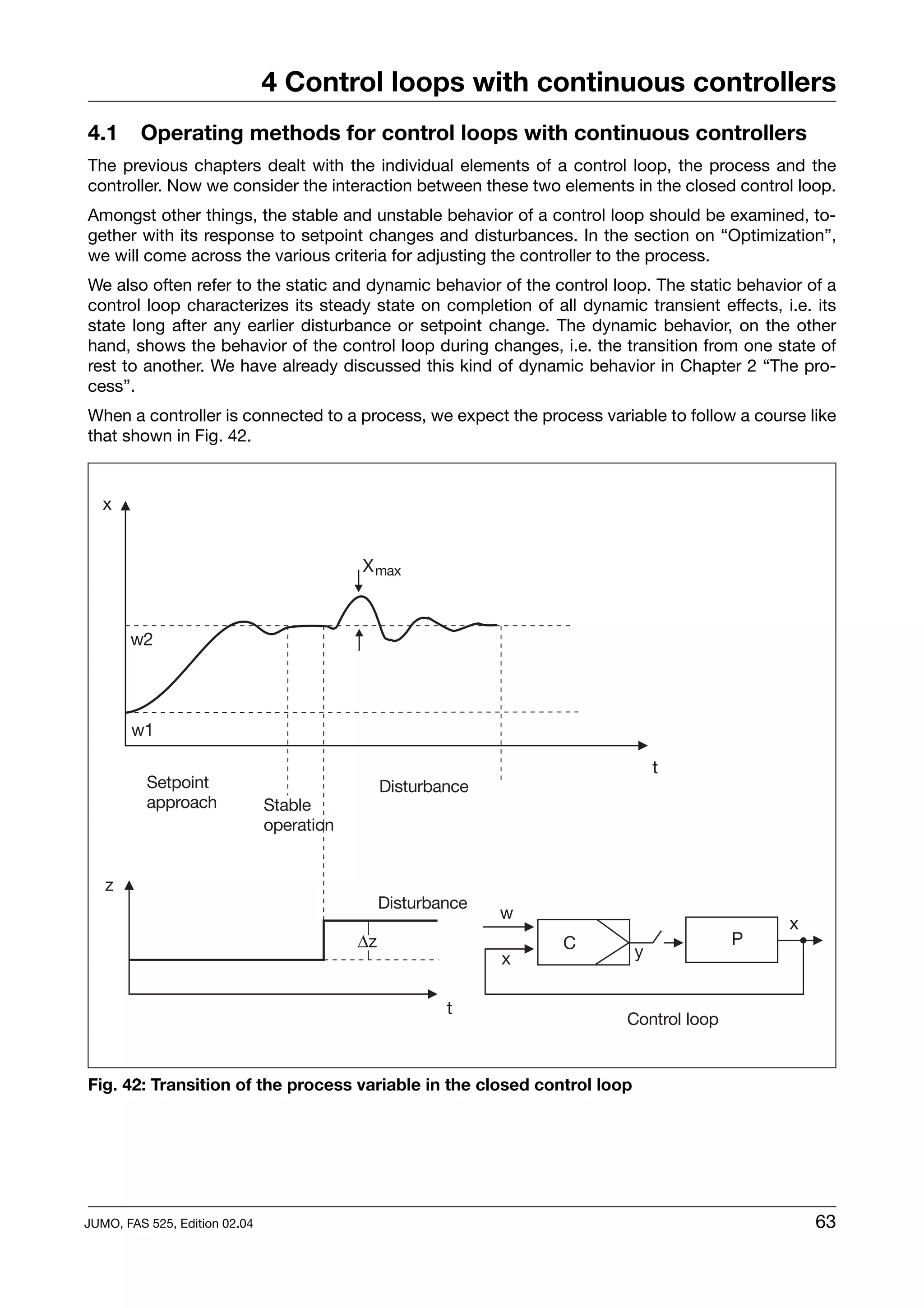 4 Control loops with continuous controllers
4.1      Operating methods for control loops with continuous controllers
The previous chapters dealt with the individual elements of a control loop, the process and the
controller. Now we consider the interaction between these two elements in the closed control loop.
Amongst other things, the stable and unstable behavior of a control loop should be examined, to-
gether with its response to setpoint changes and disturbances. In the section on “Optimization”,
we will come across the various criteria for adjusting the controller to the process.
We also often refer to the static and dynamic behavior of the control loop. The static behavior of a
control loop characterizes its steady state on completion of all dynamic transient effects, i.e. its
state long after any earlier disturbance or setpoint change. The dynamic behavior, on the other
hand, shows the behavior of the control loop during changes, i.e. the transition from one state of
rest to another. We have already discussed this kind of dynamic behavior in Chapter 2 “The pro-
cess”.
When a controller is connected to a process, we expect the process variable to follow a course like
that shown in Fig. 42.




Fig. 42: Transition of the process variable in the closed control loop




JUMO, FAS 525, Edition 02.04                                                                     63
 