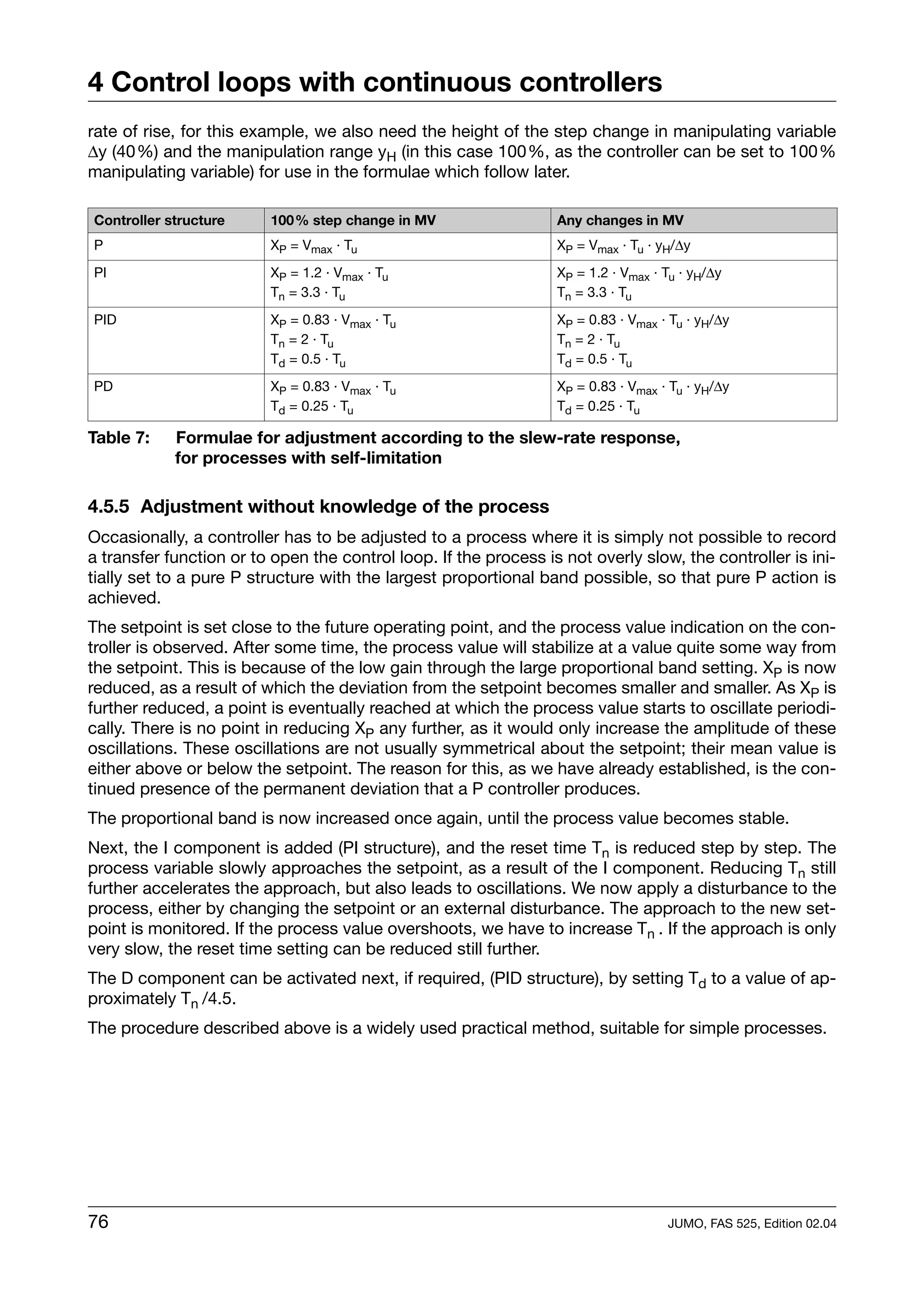 4 Control loops with continuous controllers
rate of rise, for this example, we also need the height of the step change in manipulating variable
∆y (40%) and the manipulation range yH (in this case 100%, as the controller can be set to 100%
manipulating variable) for use in the formulae which follow later.

Controller structure     100% step change in MV                   Any changes in MV
P                        XP = Vmax · Tu                           XP = Vmax · Tu · yH/∆y
PI                       XP = 1.2 · Vmax · Tu                     XP = 1.2 · Vmax · Tu · yH/∆y
                         Tn = 3.3 · Tu                            Tn = 3.3 · Tu
PID                      XP = 0.83 · Vmax · Tu                    XP = 0.83 · Vmax · Tu · yH/∆y
                         Tn = 2 · Tu                              Tn = 2 · Tu
                         Td = 0.5 · Tu                            Td = 0.5 · Tu
PD                       XP = 0.83 · Vmax · Tu                    XP = 0.83 · Vmax · Tu · yH/∆y
                         Td = 0.25 · Tu                           Td = 0.25 · Tu

Table 7:    Formulae for adjustment according to the slew-rate response,
            for processes with self-limitation

4.5.5 Adjustment without knowledge of the process
Occasionally, a controller has to be adjusted to a process where it is simply not possible to record
a transfer function or to open the control loop. If the process is not overly slow, the controller is ini-
tially set to a pure P structure with the largest proportional band possible, so that pure P action is
achieved.
The setpoint is set close to the future operating point, and the process value indication on the con-
troller is observed. After some time, the process value will stabilize at a value quite some way from
the setpoint. This is because of the low gain through the large proportional band setting. XP is now
reduced, as a result of which the deviation from the setpoint becomes smaller and smaller. As XP is
further reduced, a point is eventually reached at which the process value starts to oscillate periodi-
cally. There is no point in reducing XP any further, as it would only increase the amplitude of these
oscillations. These oscillations are not usually symmetrical about the setpoint; their mean value is
either above or below the setpoint. The reason for this, as we have already established, is the con-
tinued presence of the permanent deviation that a P controller produces.
The proportional band is now increased once again, until the process value becomes stable.
Next, the I component is added (PI structure), and the reset time Tn is reduced step by step. The
process variable slowly approaches the setpoint, as a result of the I component. Reducing Tn still
further accelerates the approach, but also leads to oscillations. We now apply a disturbance to the
process, either by changing the setpoint or an external disturbance. The approach to the new set-
point is monitored. If the process value overshoots, we have to increase Tn . If the approach is only
very slow, the reset time setting can be reduced still further.
The D component can be activated next, if required, (PID structure), by setting Td to a value of ap-
proximately Tn /4.5.
The procedure described above is a widely used practical method, suitable for simple processes.




76                                                                                  JUMO, FAS 525, Edition 02.04
 