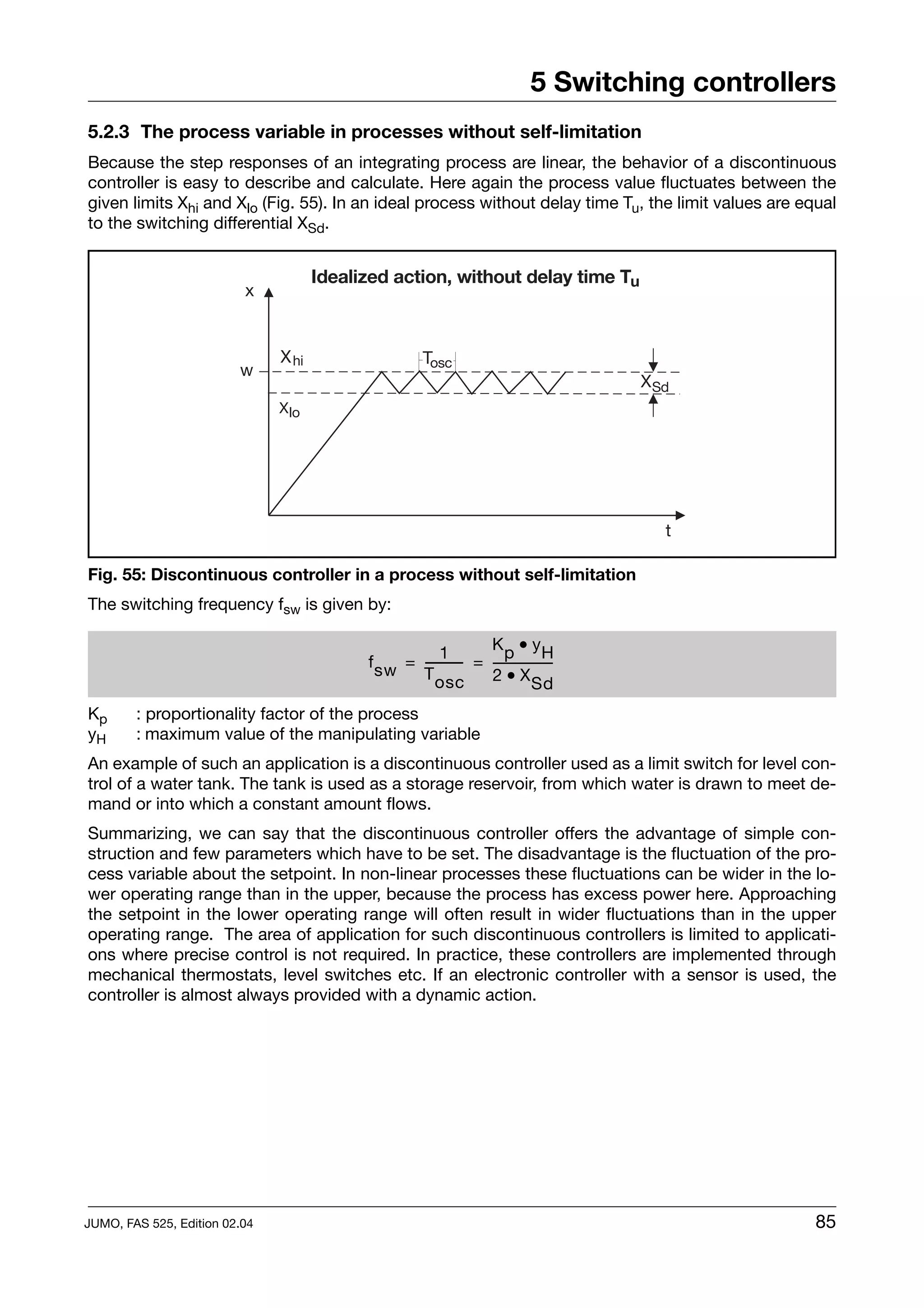 5 Switching controllers
5.2.3 The process variable in processes without self-limitation
Because the step responses of an integrating process are linear, the behavior of a discontinuous
controller is easy to describe and calculate. Here again the process value fluctuates between the
given limits Xhi and Xlo (Fig. 55). In an ideal process without delay time Tu, the limit values are equal
to the switching differential XSd.




Fig. 55: Discontinuous controller in a process without self-limitation
The switching frequency fsw is given by:

                                                            Kp • yH
                                                   1
                                       f sw = ----------- = -------------------
                                                        -
                                              T osc         2 • X Sd

Kp      : proportionality factor of the process
yH      : maximum value of the manipulating variable
An example of such an application is a discontinuous controller used as a limit switch for level con-
trol of a water tank. The tank is used as a storage reservoir, from which water is drawn to meet de-
mand or into which a constant amount flows.
Summarizing, we can say that the discontinuous controller offers the advantage of simple con-
struction and few parameters which have to be set. The disadvantage is the fluctuation of the pro-
cess variable about the setpoint. In non-linear processes these fluctuations can be wider in the lo-
wer operating range than in the upper, because the process has excess power here. Approaching
the setpoint in the lower operating range will often result in wider fluctuations than in the upper
operating range. The area of application for such discontinuous controllers is limited to applicati-
ons where precise control is not required. In practice, these controllers are implemented through
mechanical thermostats, level switches etc. If an electronic controller with a sensor is used, the
controller is almost always provided with a dynamic action.




JUMO, FAS 525, Edition 02.04                                                                          85
 
