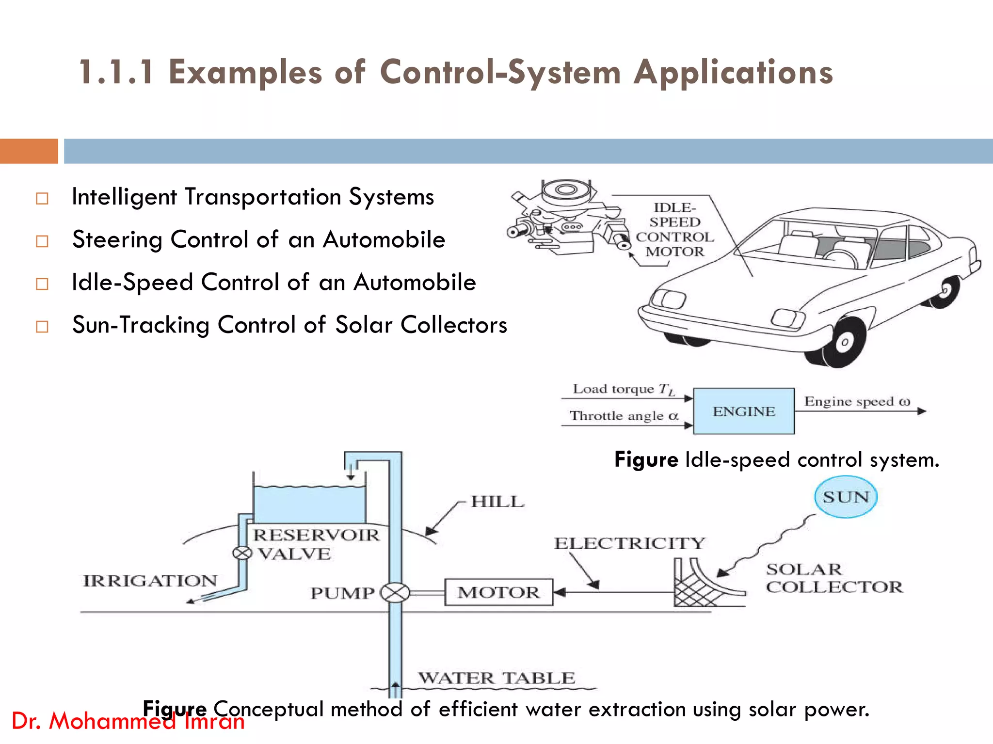 1.1.1 Examples of Control-System Applications
 Intelligent Transportation Systems
 Steering Control of an Automobile
 Idle-Speed Control of an Automobile
 Sun-Tracking Control of Solar Collectors
Dr. Mohammed Imran
Figure Idle-speed control system.
Figure Conceptual method of efficient water extraction using solar power.
 