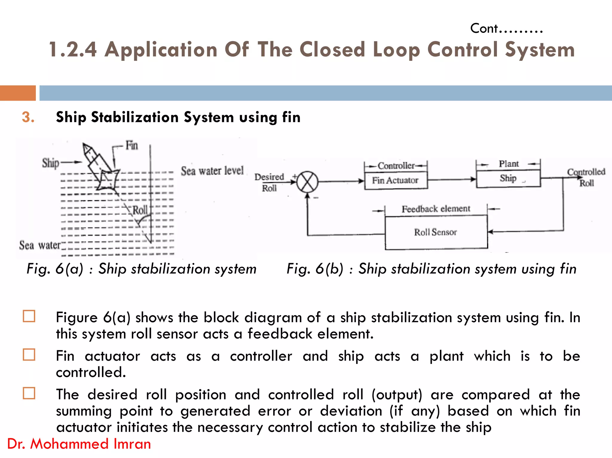 1.2.4 Application Of The Closed Loop Control System
3. Ship Stabilization System using fin
Cont………
 Figure 6(a) shows the block diagram of a ship stabilization system using fin. In
this system roll sensor acts a feedback element.
 Fin actuator acts as a controller and ship acts a plant which is to be
controlled.
 The desired roll position and controlled roll (output) are compared at the
summing point to generated error or deviation (if any) based on which fin
actuator initiates the necessary control action to stabilize the ship
Dr. Mohammed Imran
Fig. 6(a) : Ship stabilization system Fig. 6(b) : Ship stabilization system using fin
 