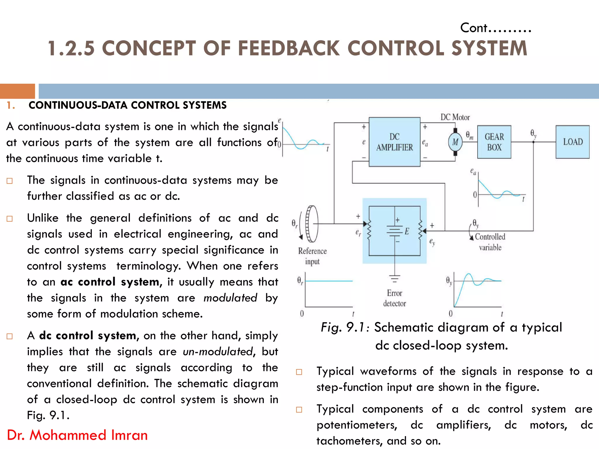 1.2.5 CONCEPT OF FEEDBACK CONTROL SYSTEM
Cont………
1. CONTINUOUS-DATA CONTROL SYSTEMS
A continuous-data system is one in which the signals
at various parts of the system are all functions of
the continuous time variable t.
 The signals in continuous-data systems may be
further classified as ac or dc.
 Unlike the general definitions of ac and dc
Dr. Mohammed Imran
Fig. 9.1: Schematic diagram of a typical
dc closed-loop system.
Unlike the general definitions of ac and dc
signals used in electrical engineering, ac and
dc control systems carry special significance in
control systems terminology. When one refers
to an ac control system, it usually means that
the signals in the system are modulated by
some form of modulation scheme.
 A dc control system, on the other hand, simply
implies that the signals are un-modulated, but
they are still ac signals according to the
conventional definition. The schematic diagram
of a closed-loop dc control system is shown in
Fig. 9.1.
 Typical waveforms of the signals in response to a
step-function input are shown in the figure.
 Typical components of a dc control system are
potentiometers, dc amplifiers, dc motors, dc
tachometers, and so on.
 