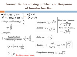 Formula list for solving problems on Response
of transfer function
Dr. Mohammed Imran
 