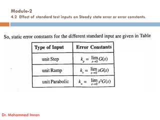 Module-2
4.2 Effect of standard test inputs on Steady state error or error constants.
Dr. Mohammed Imran
 