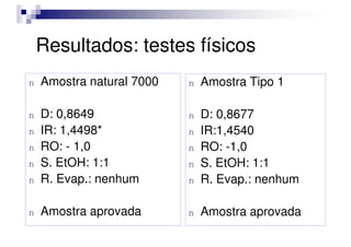 Resultados: testes físicos
n Amostra natural 7000
n D: 0,8649
IR: 1,4498*
n Amostra Tipo 1
n D: 0,8677
IR:1,4540
n IR: 1,4498*
n RO: - 1,0
n S. EtOH: 1:1
n R. Evap.: nenhum
n Amostra aprovada
n IR:1,4540
n RO: -1,0
n S. EtOH: 1:1
n R. Evap.: nenhum
n Amostra aprovada
 
