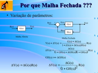 Por que Malha Fechada ???
Por que Malha Fechada ???
G(s)
R(s) Y(s)
Malha Aberta
R(s) +
-
G(s)
H(s)
E(s)
B(s)
Y(s)
Malha Fechada
 
Y s G s R s
( ) ( ) ( )

Y s Y s
G s G s
G s G s H s
R s
( ) ( )
( ) ( )
( ( ) ( )) ( )
( )
 

 



1
  



Y s
G s
GH s GH s GH s
R s
( )
( )
( ) ( ) ( )
( )

  
1 1
GH s GH s
( ) ( )
 
 


Y s
G s
GH s
R s
( )
( )
( )
( )


1 2
• Variação de parâmetros:
 