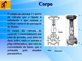 Corpo
Corpo
• O corpo ou carcaça é a parte
da válvula que é ligada à
tubulação e que contem o
orifício variável da passagem
do fluido;
• O corpo da válvula de
controle é essencialmente um
vaso de pressão, com uma ou
duas sedes, onde se assenta o
plug (obturador), que está na
extremidade da haste, que é
acionada pelo atuador
pneumático;
Sede Obturador
Haste
 