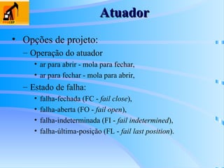 Atuador
Atuador
• Opções de projeto:
– Operação do atuador
• ar para abrir - mola para fechar,
• ar para fechar - mola para abrir,
– Estado de falha:
• falha-fechada (FC - fail close),
• falha-aberta (FO - fail open),
• falha-indeterminada (FI - fail indetermined),
• falha-última-posição (FL - fail last position).
 