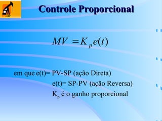 Controle Proporcional
Controle Proporcional
em que e(t)= PV-SP (ação Direta)
e(t)= SP-PV (ação Reversa)
Kp
é o ganho proporcional
)
(t
e
K
MV p

 