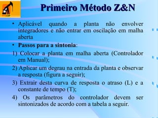 • Aplicável quando a planta não envolver
integradores e não entrar em oscilação em malha
aberta
• Passos para a sintonia:
1) Colocar a planta em malha aberta (Controlador
em Manual);
2) Aplicar um degrau na entrada da planta e observar
a resposta (figura a seguir);
3) Extrair desta curva de resposta o atraso (L) e a
constante de tempo (T);
4) Os parâmetros do controlador devem ser
sintonizados de acordo com a tabela a seguir.
Primeiro Método Z&N
Primeiro Método Z&N
 