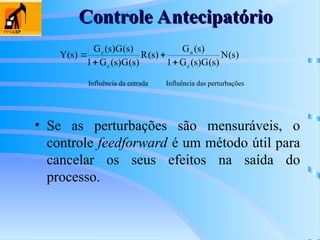 )
s
(
N
)
s
(
G
)
s
(
G
1
)
s
(
G
)
s
(
R
)
s
(
G
)
s
(
G
1
)
s
(
G
)
s
(
G
)
s
(
Y
c
n
c
c




Influência da entrada Influência das perturbações
• Se as perturbações são mensuráveis, o
controle feedforward é um método útil para
cancelar os seus efeitos na saída do
processo.
Controle Antecipatório
Controle Antecipatório
 