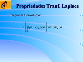 Propriedades Tranf. Laplace
Propriedades Tranf. Laplace
– Integral da Convolução:
L f t f d
t
F s F s
1 2
0
1 2
( ) ( ) ( ) ( )










   
 