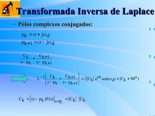 Transformada Inversa de Laplace
Transformada Inversa de Laplace
– Pólos complexos conjugados
Pólos complexos conjugados:
:
pk j d
pk j d
 
  
 
 
1
Ck
s pk
Ck
s pk

 
 
1
1
L 

 
 





   
1 1
1
2 90
Ck
s pk
Ck
s pk
Ck
t
dt Ck
o
e 
sen( )
 
Ck s pk F s s p Ck
k
   
( ) ( ) Ck
 