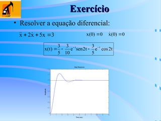 Exercício
Exercício
• Resolver a equação diferencial:
0 1 2 3 4 5 6 7 8 9 10
0
0.1
0.2
0.3
0.4
0.5
0.6
0.7
0.8
Step Response
Time (sec)
Amplitude
3
x
5
x
2
x 

 

 0
)
0
(
x
0
)
0
(
x 
 
t
2
cos
e
5
3
t
2
sen
e
10
3
5
3
)
t
(
x t
t 




 
