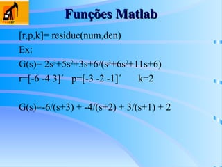 Funções Matlab
Funções Matlab
[r,p,k]= residue(num,den)
Ex:
G(s)= 2s3
+5s2
+3s+6/(s3
+6s2
+11s+6)
r=[-6 -4 3]´ p=[-3 -2 -1]´ k=2
G(s)=-6/(s+3) + -4/(s+2) + 3/(s+1) + 2
 