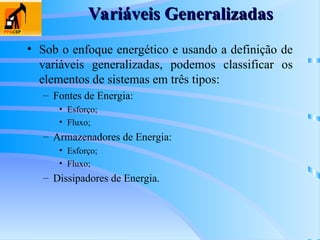Variáveis Generalizadas
Variáveis Generalizadas
• Sob o enfoque energético e usando a definição de
variáveis generalizadas, podemos classificar os
elementos de sistemas em três tipos:
– Fontes de Energia:
• Esforço;
• Fluxo;
– Armazenadores de Energia:
• Esforço;
• Fluxo;
– Dissipadores de Energia.
 