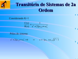 Transitório de Sistemas de 2a
Transitório de Sistemas de 2a
Ordem
Ordem
Considerando K=1
C s
R s s s
n n
( )
( )

 
1
2
2 2
 
s s s
n n n n
2 2 2
2 0 1
      
    
Pólos do sistema:
 