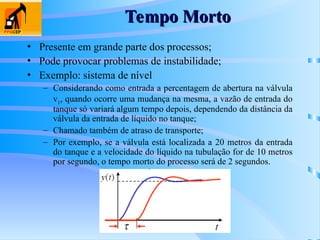 Tempo Morto
Tempo Morto
• Presente em grande parte dos processos;
• Pode provocar problemas de instabilidade;
• Exemplo: sistema de nível
– Considerando como entrada a percentagem de abertura na válvula
v1
, quando ocorre uma mudança na mesma, a vazão de entrada do
tanque só variará algum tempo depois, dependendo da distância da
válvula da entrada de líquido no tanque;
– Chamado também de atraso de transporte;
– Por exemplo, se a válvula está localizada a 20 metros da entrada
do tanque e a velocidade do líquido na tubulação for de 10 metros
por segundo, o tempo morto do processo será de 2 segundos.
 