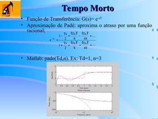 Tempo Morto
Tempo Morto
• Função de Transferência: G(s)= e-sT
• Aproximação de Padé: aproxima o atraso por uma função
racional;
• Matlab: pade(Td,n). Ex: Td=1, n=3
   
    











48
Ts
8
Ts
2
Ts
1
48
Ts
8
Ts
2
Ts
1
e 3
2
3
2
Ts
 