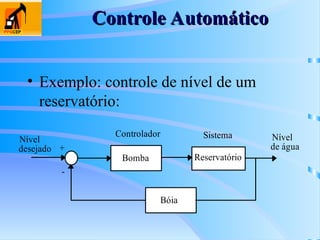 Controle Automático
Controle Automático
• Exemplo: controle de nível de um
reservatório:
Sistema
Controlador
-
+
Reservatório
Bóia
Nível
desejado
Nível
de água
Bomba
 