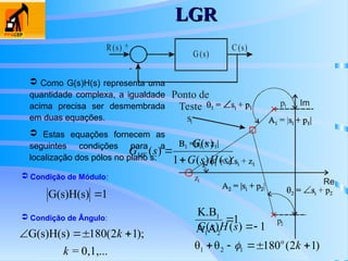 LGR
LGR
 Como G(s)H(s) representa uma
quantidade complexa, a igualdade
acima precisa ser desmembrada
em duas equações.
 Estas equações fornecem as
seguintes condições para a
localização dos pólos no plano s:
G(s)
R(s) C(s)
+
-
)
(
)
(
1
)
(
)
(
s
H
s
G
s
G
s
GMF


1
)
(
)
( 

s
H
s
G
 Condição de Módulo:
 Condição de Ângulo:
1
G(s)H(s) 
0,1,...
=
);
1
2
(
180
G(s)H(s)
k
k 



p1
p2
z1
Ponto de
Teste
si
1
A
A
K.B
2
1
1

)
1
2
(
180
θ
θ o
1
2
1 



 k

Re
Im
 