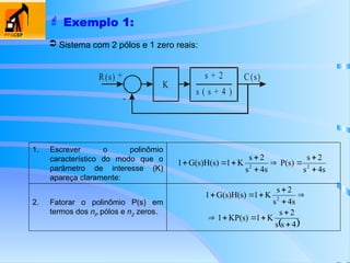  Exemplo 1:
2. Fatorar o polinômio P(s) em
termos dos nP
pólos e nZ
zeros.
1. Escrever o polinômio
característico do modo que o
parâmetro de interesse (K)
apareça claramente:
K
R(s) C(s)
+
-
s + 2
s ( s + 4 )
 Sistema com 2 pólos e 1 zero reais:
4s
s
2
s
P(s)
4s
s
2
s
K
1
G(s)H(s)
1 2
2









 
4
s
s
2
s
K
1
KP(s)
1
4s
s
2
s
K
1
G(s)H(s)
1 2












 