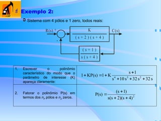R(s) C(s)
+
-
K
( s + 4 )
( s + 2 )
(
( s + 4 )
s + 1 )
s
 Exemplo 2:
2. Fatorar o polinômio P(s) em
termos dos nP
pólos e nZ
zeros.
1. Escrever o polinômio
característico do modo que o
parâmetro de interesse (K)
apareça claramente:
 Sistema com 4 pólos e 1 zero, todos reais:
s
32
s
32
s
10
s
1
s
K
1
KP(s)
1 2
3
4







2
)
4
s
)(
2
s
(
s
)
1
s
(
P(s)




 