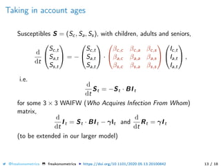 Taking in account ages
Susceptibles S = (Sc, Sa, Ss), with children, adults and seniors,
d
dt


Sc,t
Sa,t
Ss,t

 = −


Sc,t
Sa,t
Sa,t

 ·


βc,c βc,a βc,s
βa,c βa,a βa,s
βs,c βs,a βs,s




Ic,t
Ia,t
Ia,t

 ,
i.e.
d
dt
St = −St · BIt
for some 3 × 3 WAIFW (Who Acquires Infection From Whom)
matrix,
d
dt
It = St · BIt − γIt and
d
dt
Rt = γIt
(to be extended in our larger model)
@freakonometrics freakonometrics https://doi.org/10.1101/2020.05.13.20100842 13 / 18
 