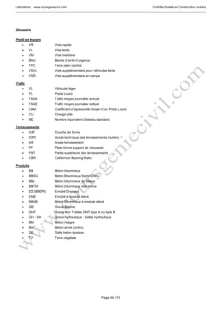 Laboratoire www.coursgeniecivil.com Contrôle Qualité en Construction routière
Page 44 / 51
Glossaire
Profil en travers
• VR Voie rapide
• VL Voie lente
• VM Voie médiane
• BAU Bande d’arrêt d’urgence
• TPC Terre plein central
• VSVL Voie supplémentaire pour véhicules lents
• VSR Voie supplémentaire en rampe
Trafic
• VL Véhicule léger
• PL Poids Lourd
• TMJA Trafic moyen journalier annuel
• TMJE Trafic moyen journalier estival
• CAM Coefficient d’agressivité moyen d’un Poids Lourd
• CU Charge utile
• NE Nombre équivalent d’essieu standard
Terrassements
• CdF Couche de forme
• GTR Guide technique des terrassements routiers
• AR Arase terrassement
• PF Plate-forme support de chaussée
• PST Partie supérieure des terrassements
• CBR Californian Bearing Ratio
Produits
• BB Béton bitumineux
• BBSG Béton Bitumineux Semi Grenu
• BBL Béton bitumineux de liaison
• BBTM Béton bitumineux très mince
• ED (BBDR) Enrobé Drainant
• EME Enrobé à module élevé
• BBME Béton Bitumineux à module élevé
• GB Grave Bitume
• GNT Grave Non Traitée GNT type A ou type B
• GH - SH Grave hydraulique - Sable hydraulique
• BM Béton maigre
• BAC Béton armé continu
• DE Dalle béton épaisse
• TV Terre végétale
 
